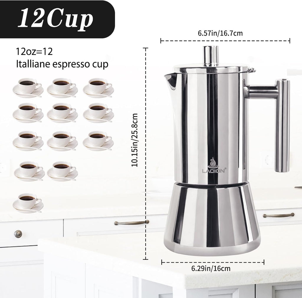 LAOION Stovetop Espresso Maker, 12Cup 17.5 oz Moka Pot, Stainless Steel