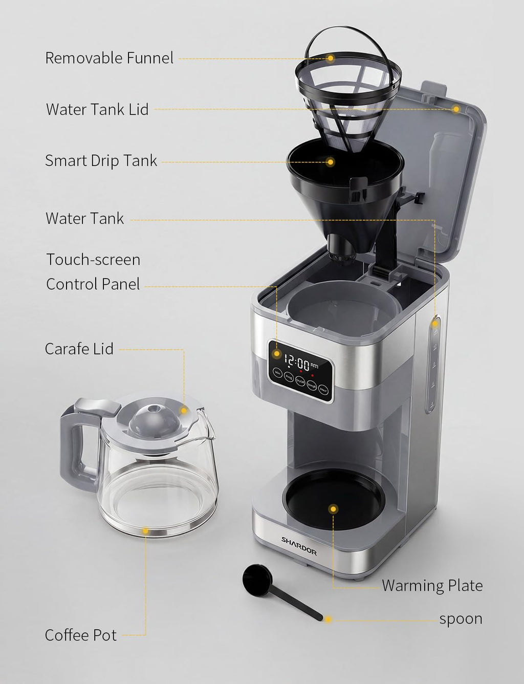 SHARDOR 10-Cup Programmable Coffee Maker, Regular & Strong Brew Drip Coffee Machine for Home and Office, Auto Shut Off, Permanent Filter, Silver