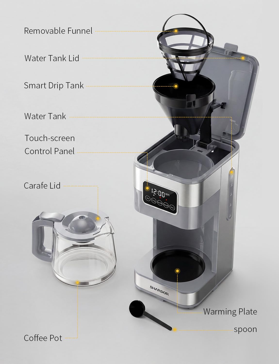 SHARDOR 10-Cup Programmable Coffee Maker, Regular & Strong Brew Drip Coffee Machine for Home and Office, Auto Shut Off, Permanent Filter, Silver