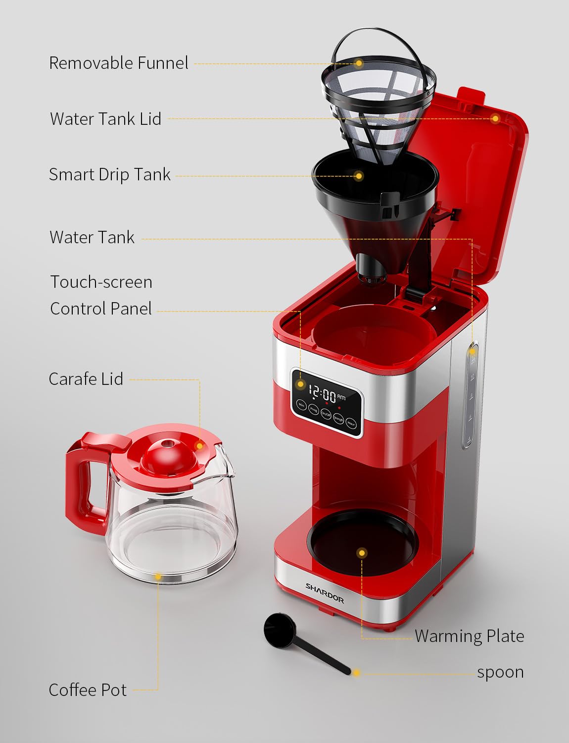 SHARDOR 10-Cup Programmable Coffee Maker, Regular & Strong Brew Drip Coffee Machine for Home and Office, Auto Shut Off, Permanent Filter, Silver