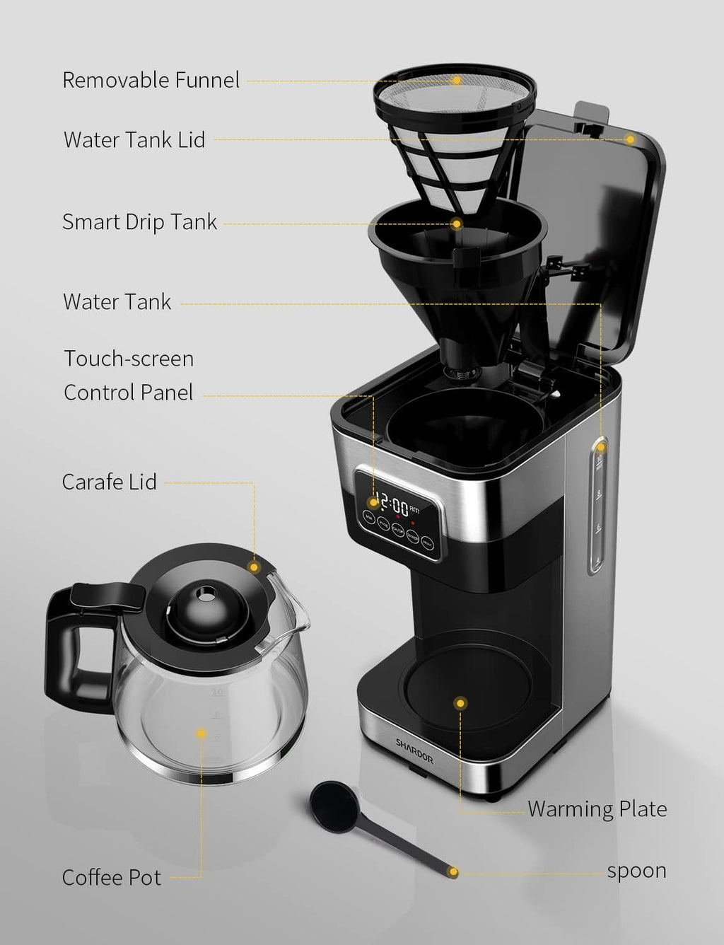 SHARDOR 10-Cup Programmable Coffee Maker, Regular & Strong Brew Drip Coffee Machine for Home and Office, Auto Shut Off, Permanent Filter, Silver