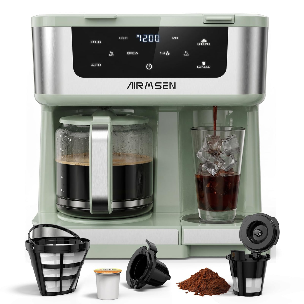 AIRMSEN 12-Cup Programmable Dual Coffee Maker – Single Serve Machine for K-Pods & Ground, 1000W Fast Brew, Delay Start, 2H Keep Warm, Touchscreen, 60oz Tank, Glass Carafe – Home & Office