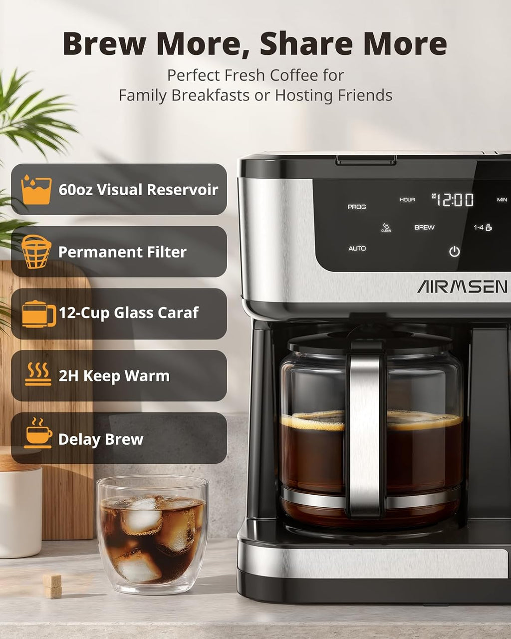 AIRMSEN 12-Cup Programmable Dual Coffee Maker – Single Serve Machine for K-Pods & Ground, 1000W Fast Brew, Delay Start, 2H Keep Warm, Touchscreen, 60oz Tank, Glass Carafe – Home & Office