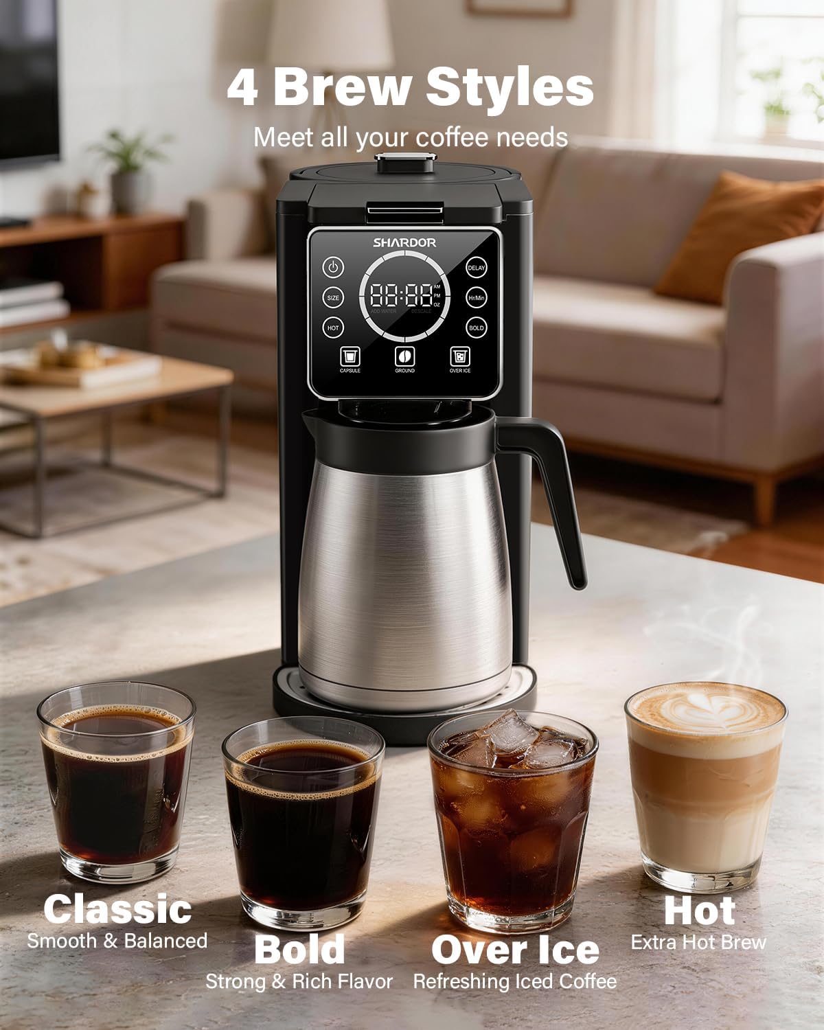 SHARDOR Single Serve & Carafe Coffee Maker, Hot & Iced Coffee Machine for K Cup Pods & Grounds, 6-32oz Brew Sizes, 95oz Removable Water Reservoir, 5 Cup Thermal Carafe, 24H Programmable, Matte Black