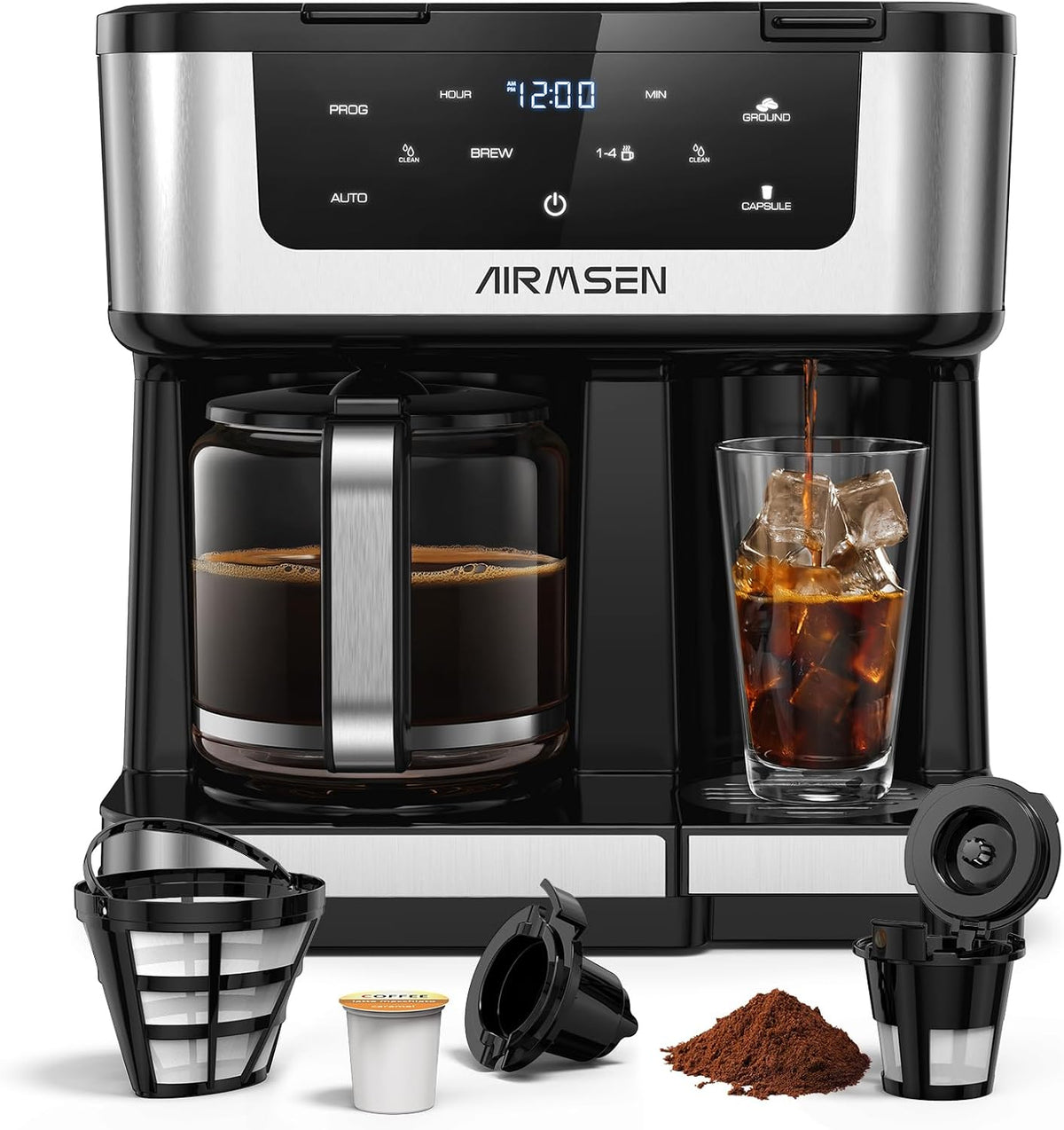 AIRMSEN 12-Cup Programmable Dual Coffee Maker – Single Serve Machine for K-Pods & Ground, 1000W Fast Brew, Delay Start, 2H Keep Warm, Touchscreen, 60oz Tank, Glass Carafe – Home & Office