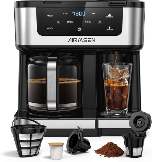 AIRMSEN 12-Cup Programmable Dual Coffee Maker – Single Serve Machine for K-Pods & Ground, 1000W Fast Brew, Delay Start, 2H Keep Warm, Touchscreen, 60oz Tank, Glass Carafe – Home & Office