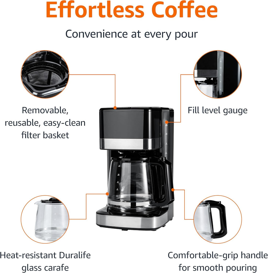 Amazon Basics 5 Cup Drip Coffee Maker with Glass Coffee Pot (0.8 Qt), Auto Shut-off, Auto Pause, Removable Filter Basket, Matte Black