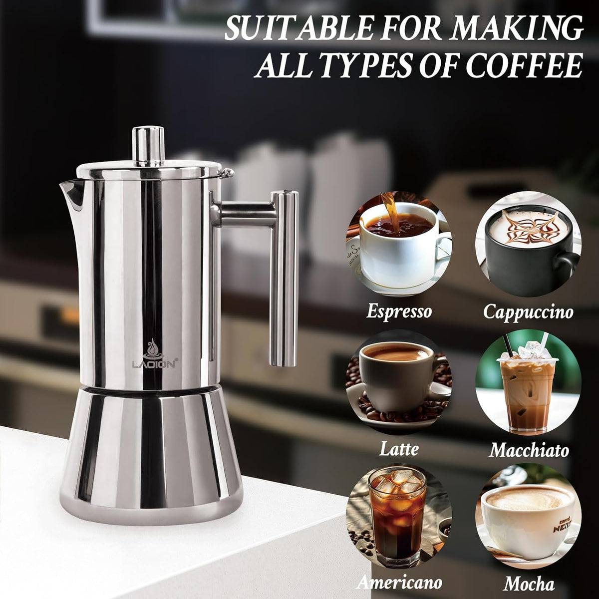 LAOION Stovetop Espresso Maker, 12Cup 17.5 oz Moka Pot, Stainless Steel