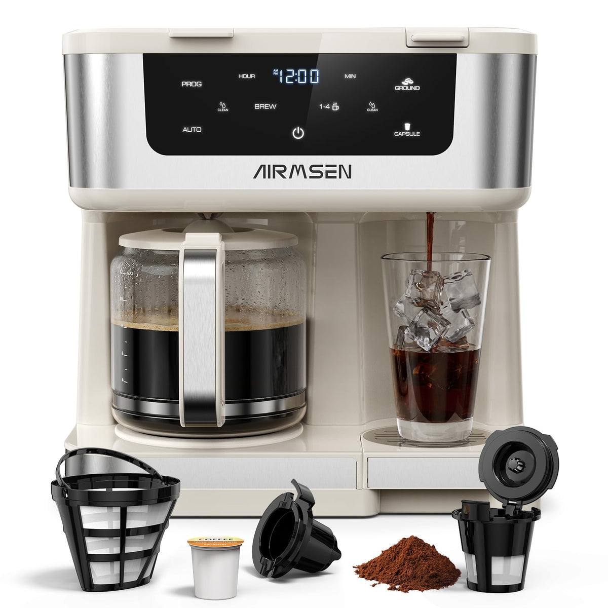 AIRMSEN 12-Cup Programmable Dual Coffee Maker – Single Serve Machine for K-Pods & Ground, 1000W Fast Brew, Delay Start, 2H Keep Warm, Touchscreen, 60oz Tank, Glass Carafe – Home & Office