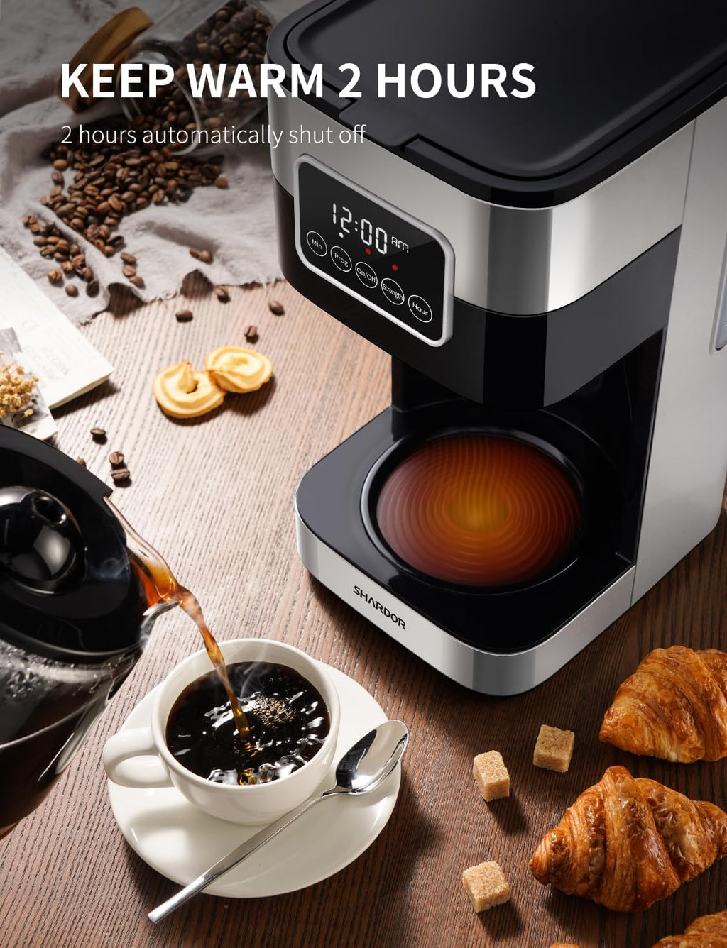 SHARDOR 10-Cup Programmable Coffee Maker, Regular & Strong Brew Drip Coffee Machine for Home and Office, Auto Shut Off, Permanent Filter, Silver