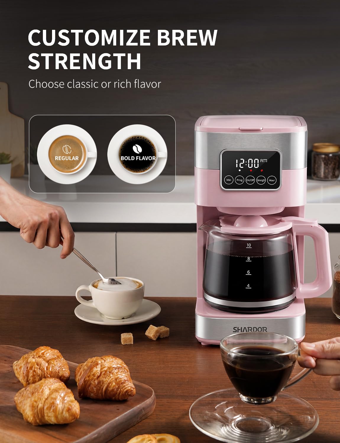 SHARDOR 10-Cup Programmable Coffee Maker, Regular & Strong Brew Drip Coffee Machine for Home and Office, Auto Shut Off, Permanent Filter, Silver