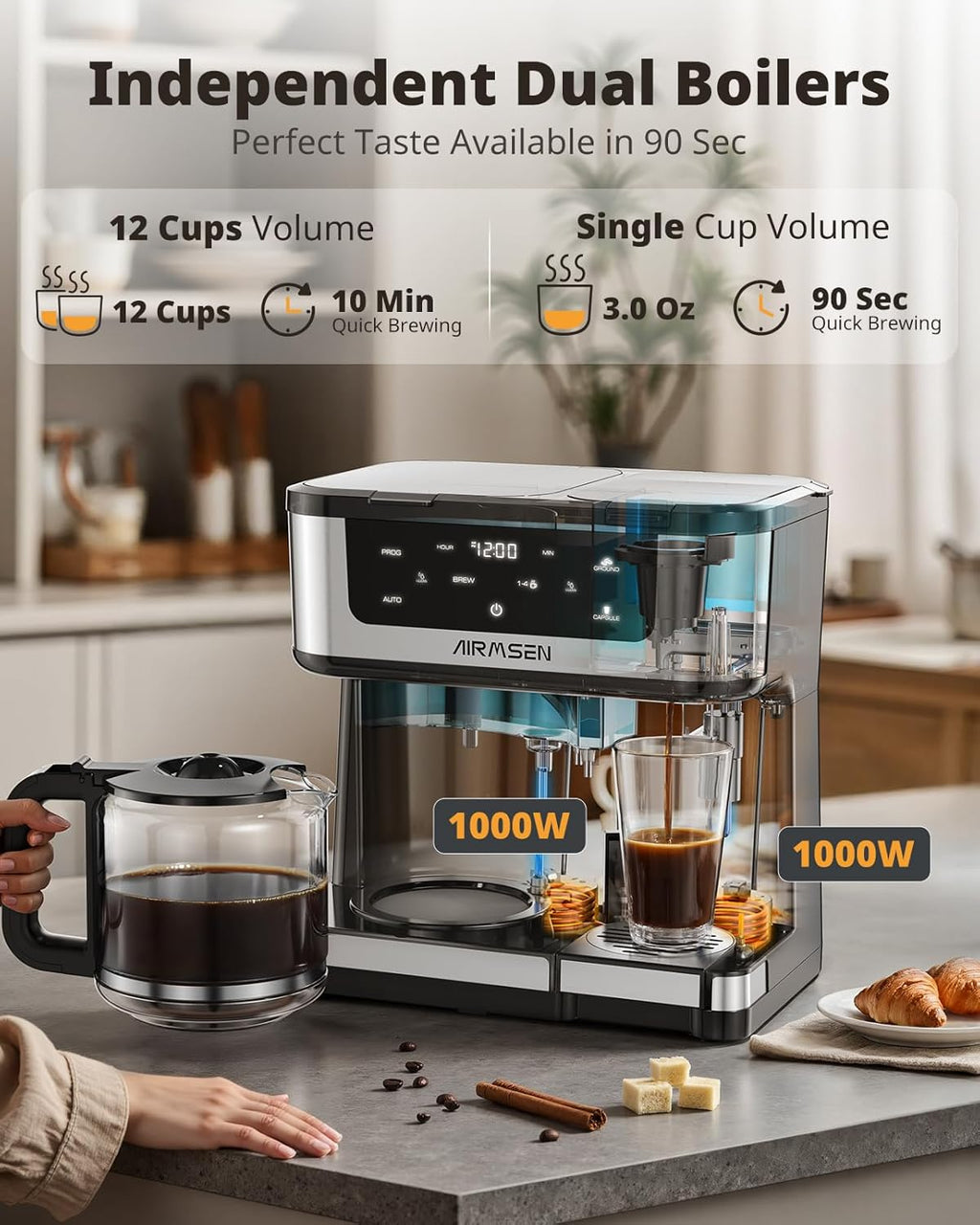 AIRMSEN 12-Cup Programmable Dual Coffee Maker – Single Serve Machine for K-Pods & Ground, 1000W Fast Brew, Delay Start, 2H Keep Warm, Touchscreen, 60oz Tank, Glass Carafe – Home & Office