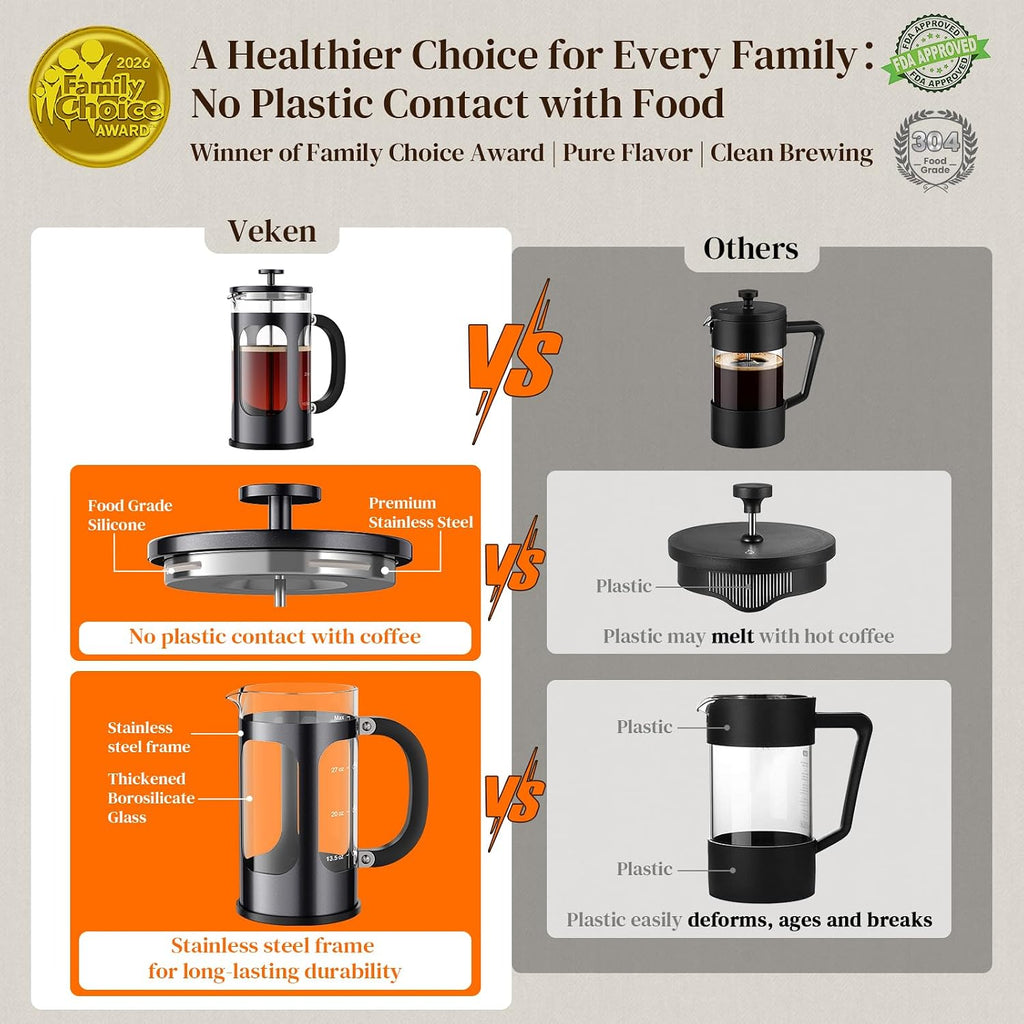 Veken 34oz French Press Coffee Maker, No Plastic Touching Cafe,1 L Cafetera