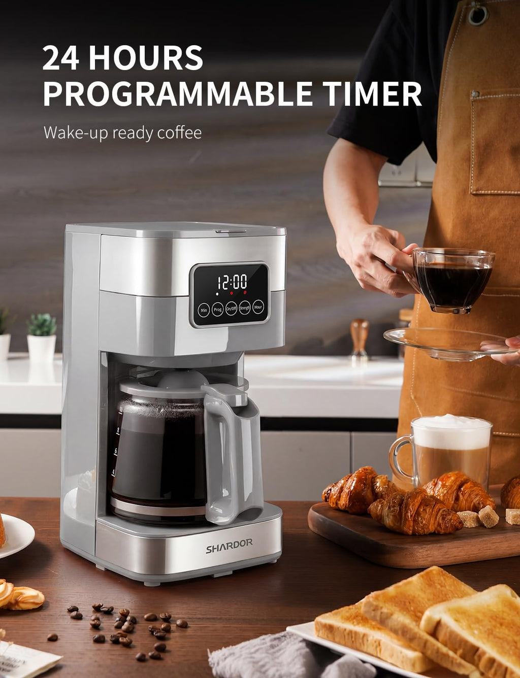 SHARDOR 10-Cup Programmable Coffee Maker, Regular & Strong Brew Drip Coffee Machine for Home and Office, Auto Shut Off, Permanent Filter, Silver
