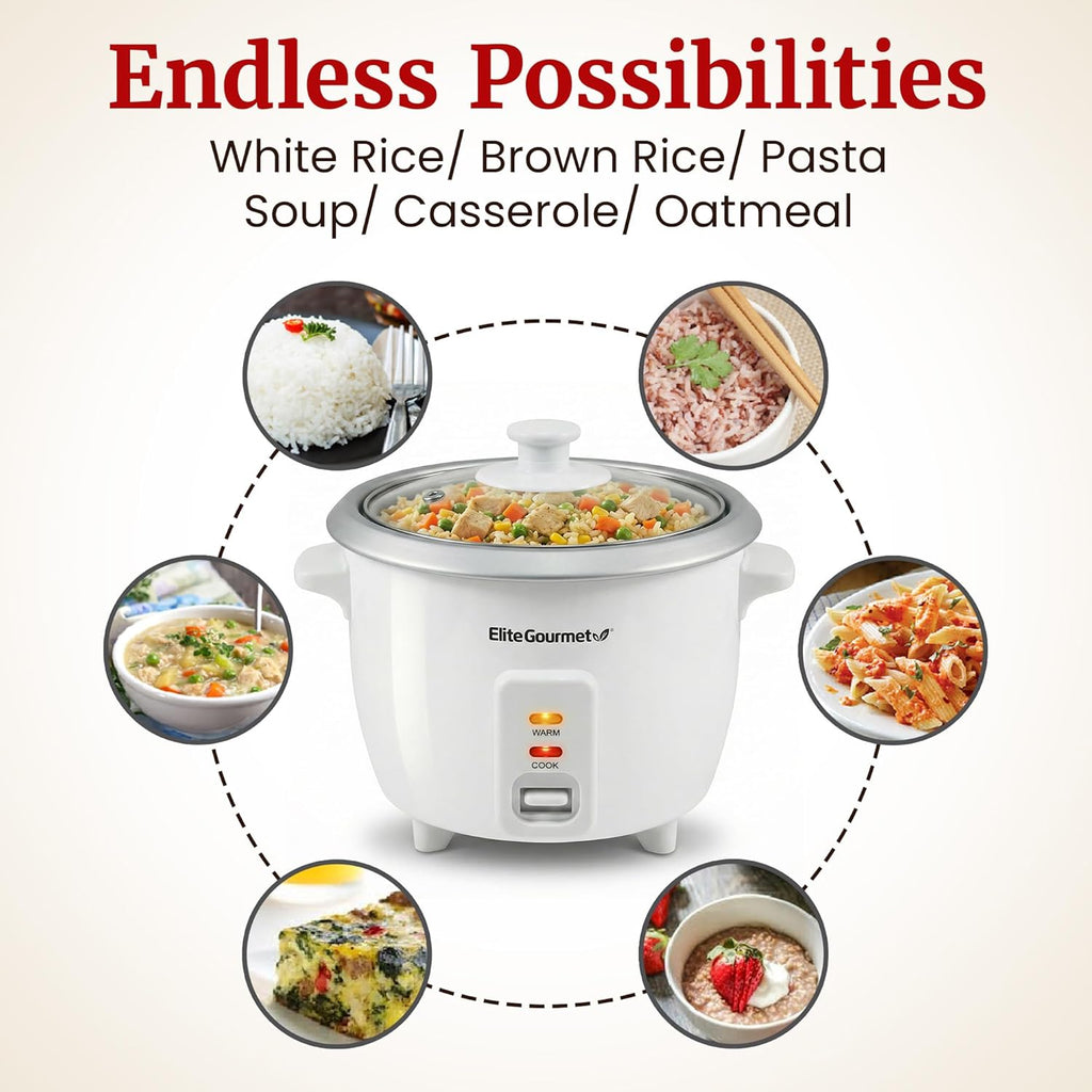 Elite Gourmet ERC-003X Rice Cooker, Keep Warm, White, 6 Cups Cooked | 3 Cups Uncooked - Also Makes Soups, Stews, Grains and Hot Cereals for Versatile One-Pot Meals