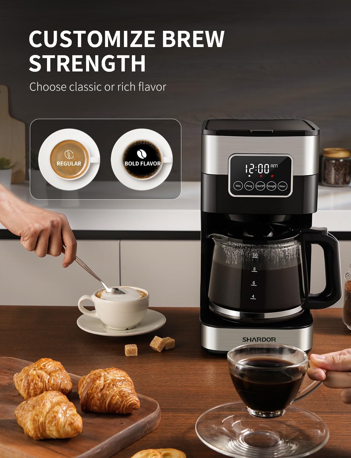 SHARDOR 10-Cup Programmable Coffee Maker, Regular & Strong Brew Drip Coffee Machine for Home and Office, Auto Shut Off, Permanent Filter, Silver