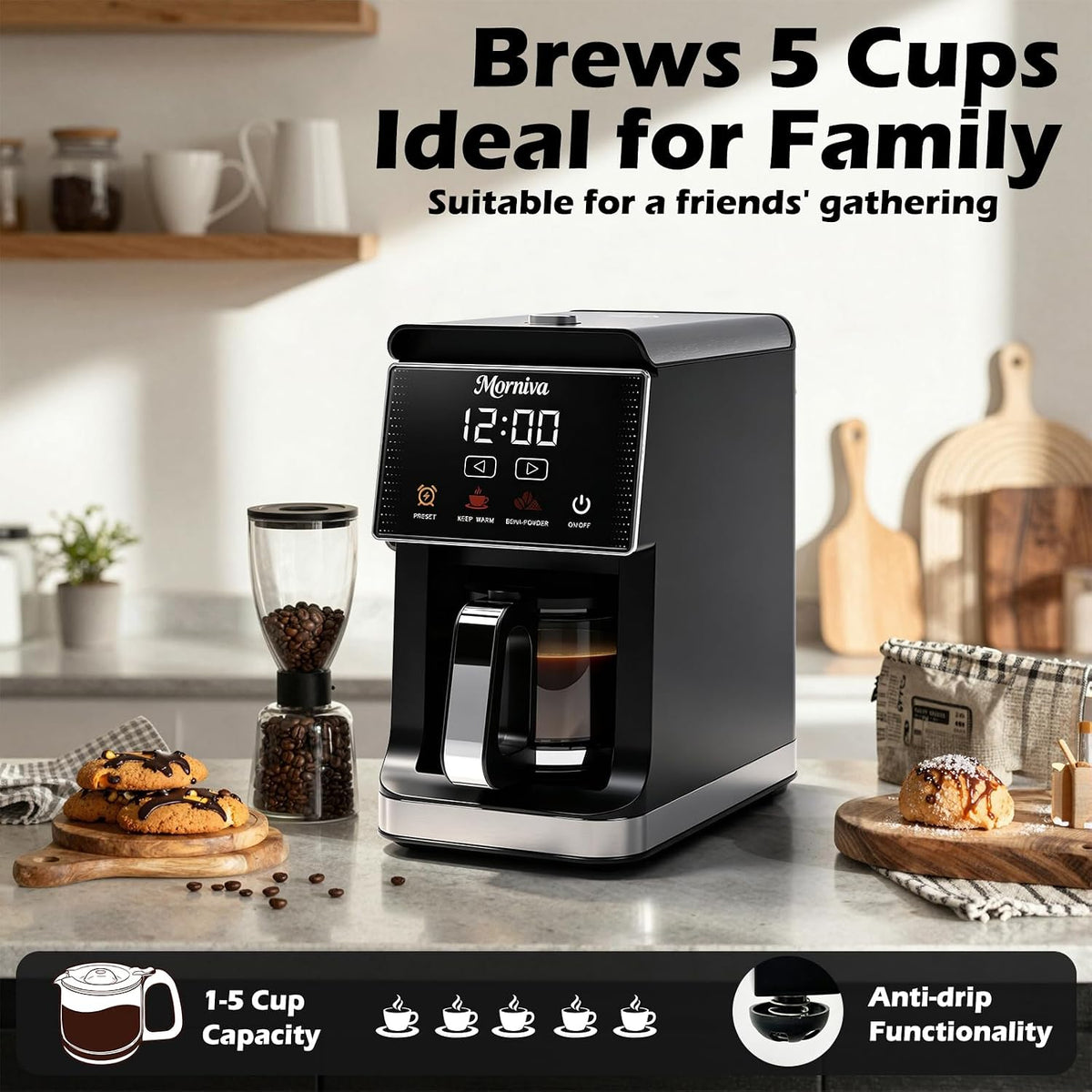 Drip Coffee Maker with Built-In Grinder 5-Cup