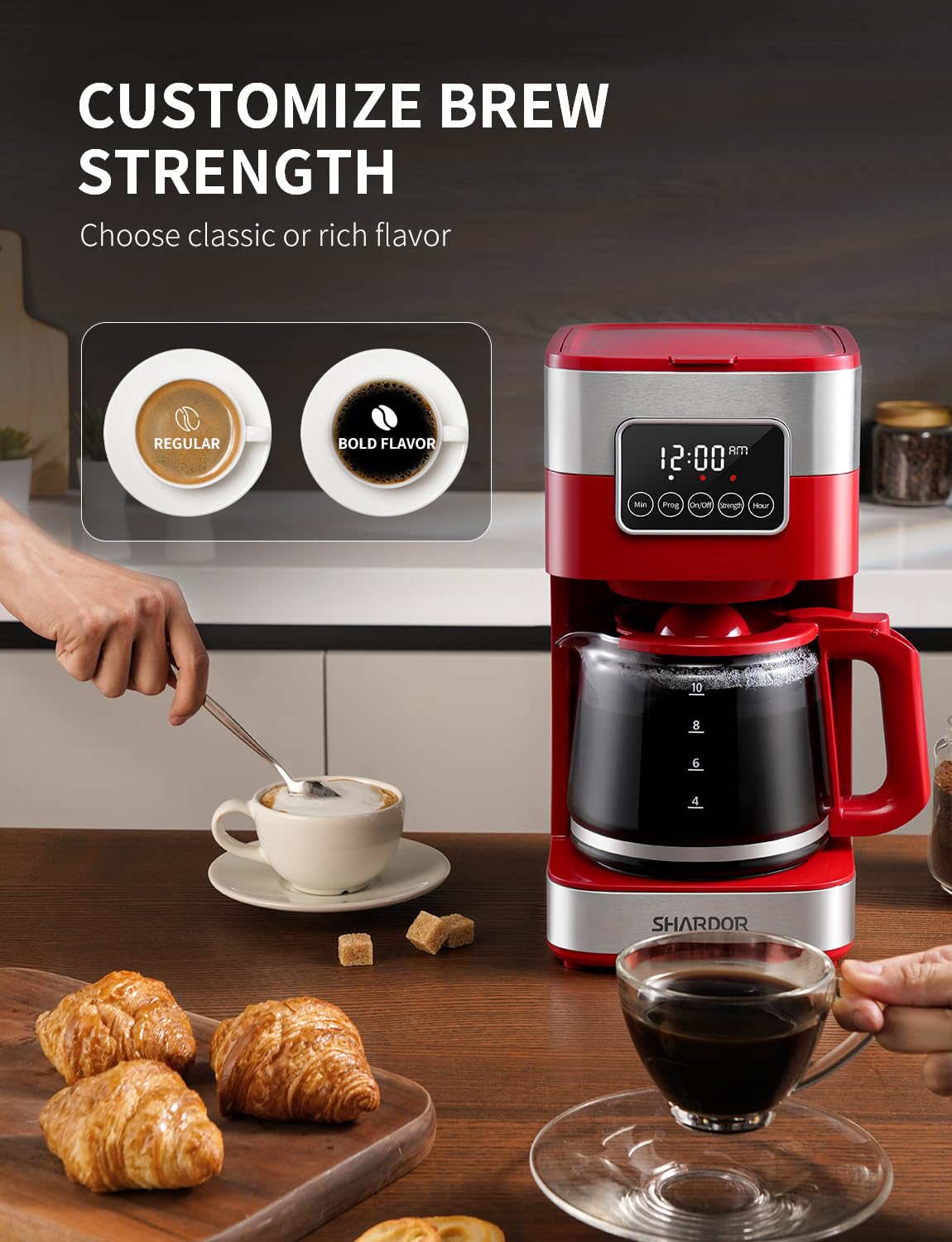 SHARDOR 10-Cup Programmable Coffee Maker, Regular & Strong Brew Drip Coffee Machine for Home and Office, Auto Shut Off, Permanent Filter, Silver