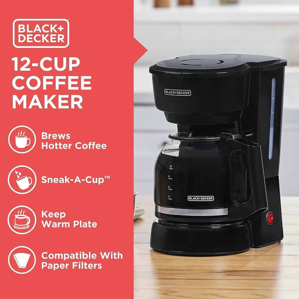 BLACK+DECKER 12-Cup Coffee Maker with Easy On/Off Switch, Easy Pour, Non-Drip Carafe with Removable Filter Basket, Vortex Technology, Black