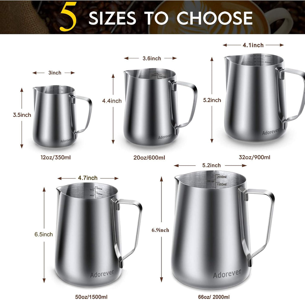 Milk Frothing Pitcher, 8.5oz/12oz/20oz/32oz/50oz/66oz Milk Frother Cup Stainless Steel, Espresso Accessories, Milk Steaming Pitchers Coffee Cappuccino Latte Art Barista Milk Jug Cup with Art Pen,12oz
