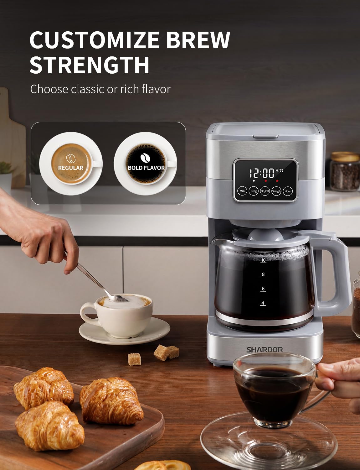 SHARDOR 10-Cup Programmable Coffee Maker, Regular & Strong Brew Drip Coffee Machine for Home and Office, Auto Shut Off, Permanent Filter, Silver