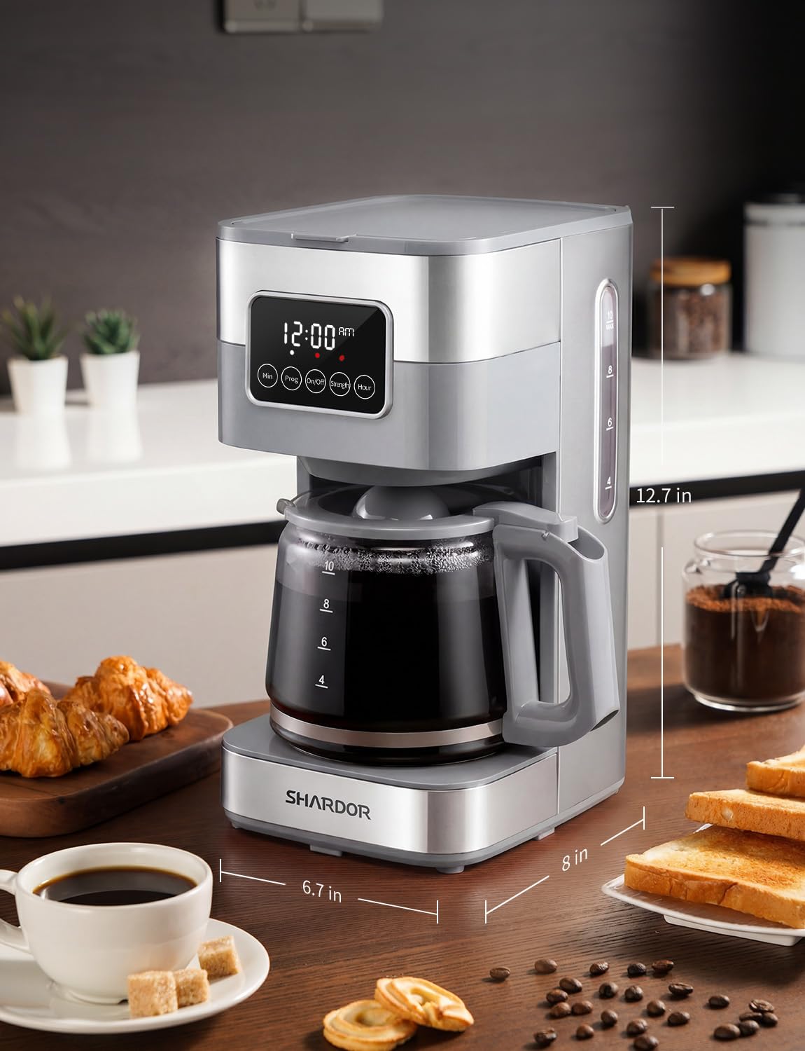 SHARDOR 10-Cup Programmable Coffee Maker, Regular & Strong Brew Drip Coffee Machine for Home and Office, Auto Shut Off, Permanent Filter, Silver