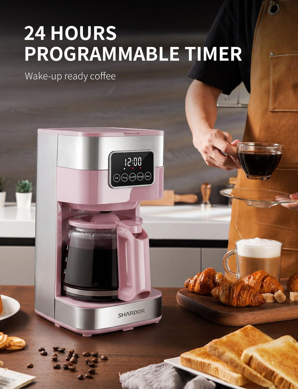 SHARDOR 10-Cup Programmable Coffee Maker, Regular & Strong Brew Drip Coffee Machine for Home and Office, Auto Shut Off, Permanent Filter, Silver