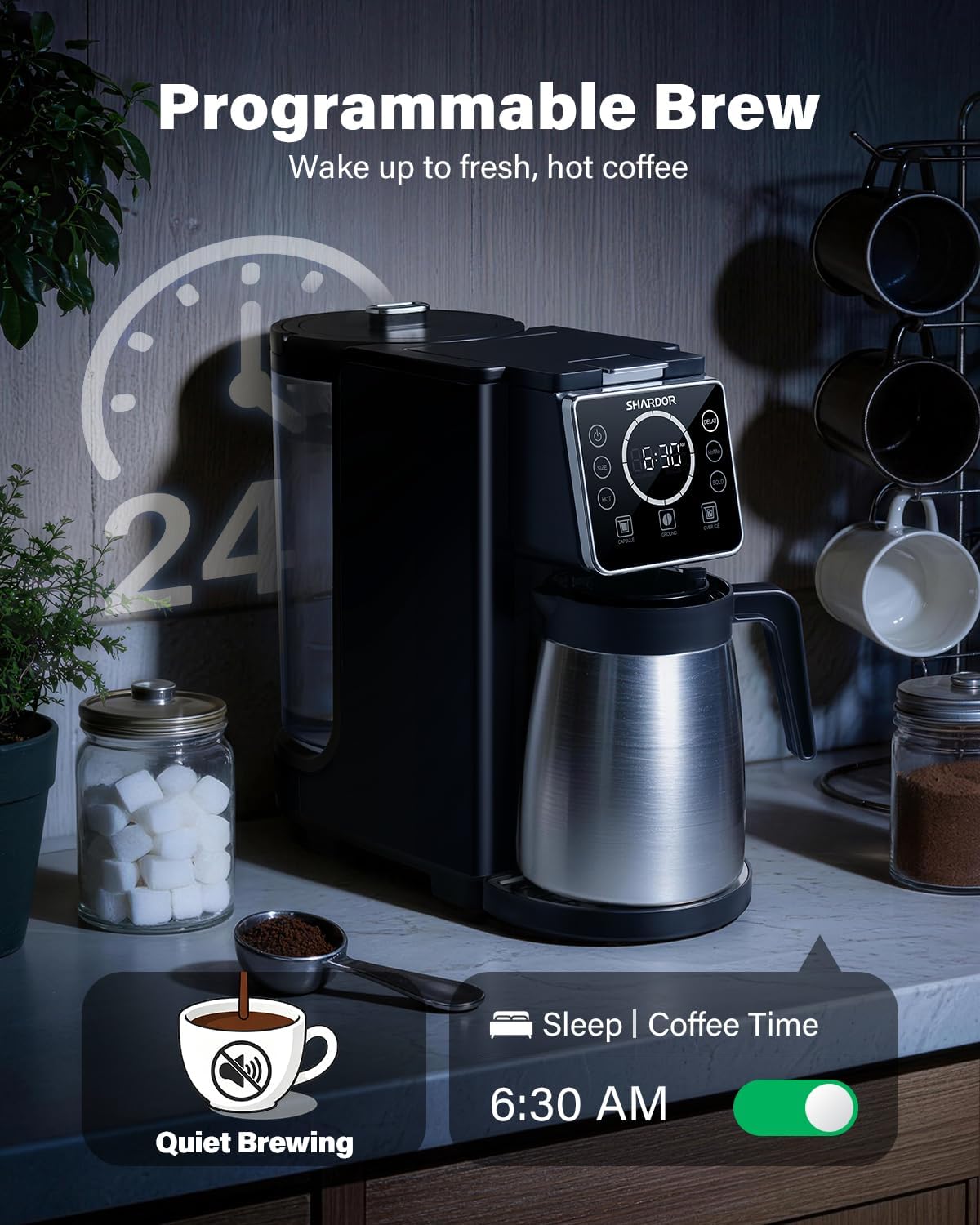 SHARDOR Single Serve & Carafe Coffee Maker, Hot & Iced Coffee Machine for K Cup Pods & Grounds, 6-32oz Brew Sizes, 95oz Removable Water Reservoir, 5 Cup Thermal Carafe, 24H Programmable, Matte Black