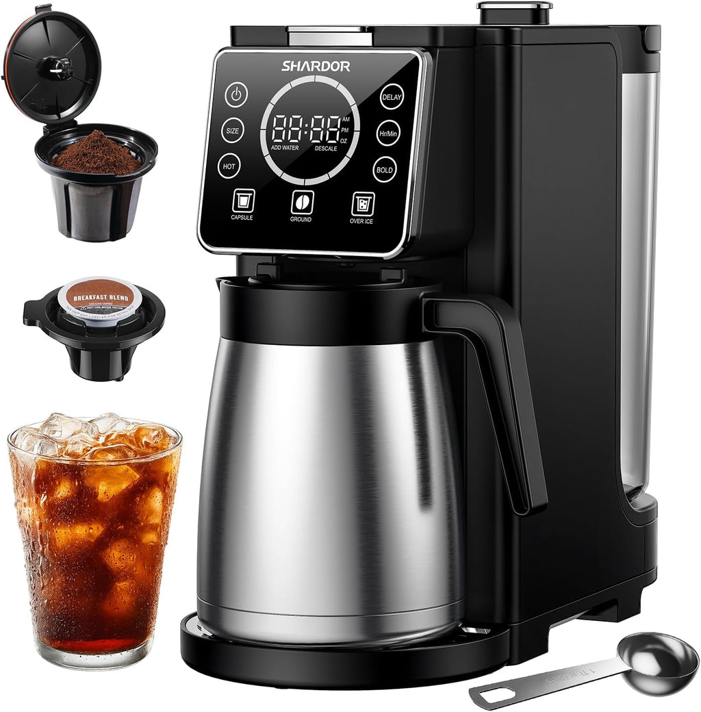 SHARDOR Single Serve & Carafe Coffee Maker, Hot & Iced Coffee Machine for K Cup Pods & Grounds, 6-32oz Brew Sizes, 95oz Removable Water Reservoir, 5 Cup Thermal Carafe, 24H Programmable, Matte Black