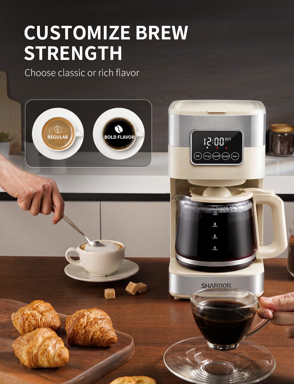 SHARDOR 10-Cup Programmable Coffee Maker, Regular & Strong Brew Drip Coffee Machine for Home and Office, Auto Shut Off, Permanent Filter, Silver