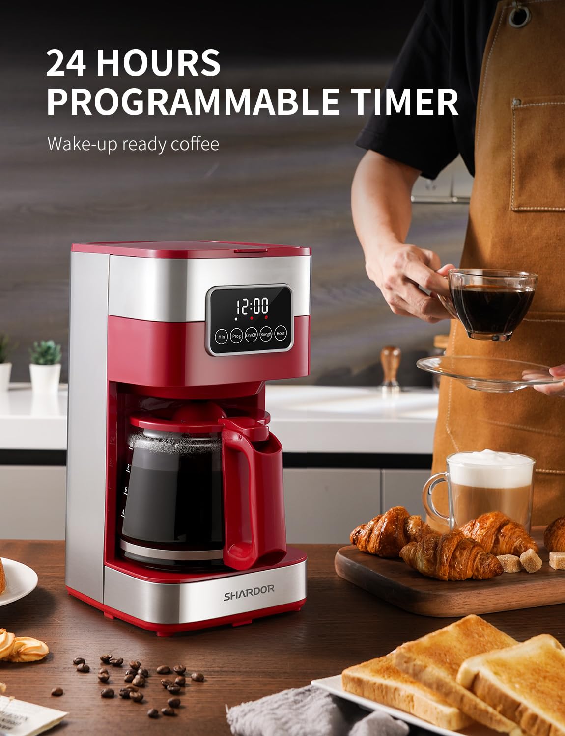 SHARDOR 10-Cup Programmable Coffee Maker, Regular & Strong Brew Drip Coffee Machine for Home and Office, Auto Shut Off, Permanent Filter, Silver