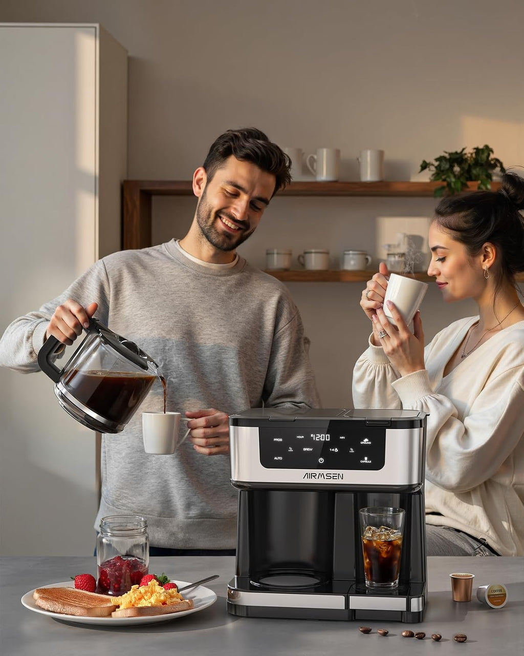 AIRMSEN 12-Cup Programmable Dual Coffee Maker – Single Serve Machine for K-Pods & Ground, 1000W Fast Brew, Delay Start, 2H Keep Warm, Touchscreen, 60oz Tank, Glass Carafe – Home & Office