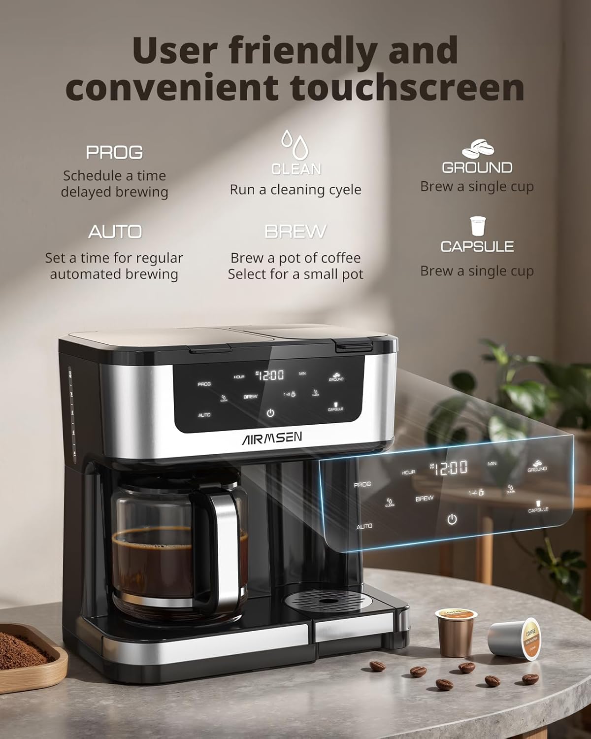 AIRMSEN 12-Cup Programmable Dual Coffee Maker – Single Serve Machine for K-Pods & Ground, 1000W Fast Brew, Delay Start, 2H Keep Warm, Touchscreen, 60oz Tank, Glass Carafe – Home & Office