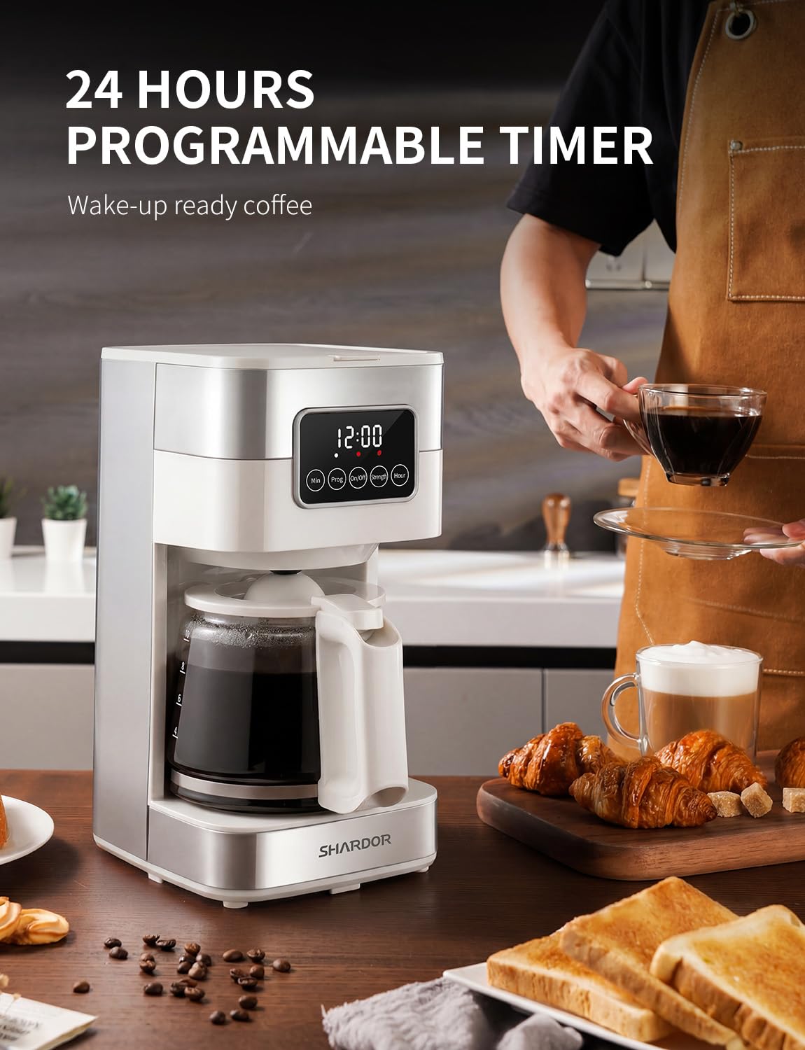 SHARDOR 10-Cup Programmable Coffee Maker, Regular & Strong Brew Drip Coffee Machine for Home and Office, Auto Shut Off, Permanent Filter, Silver