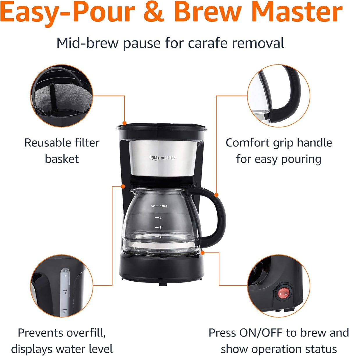 Amazon Basics 5 Cup Drip Coffee Maker with Glass Coffee Pot (0.8 Qt), Auto Shut-off, Auto Pause, Removable Filter Basket, Matte Black