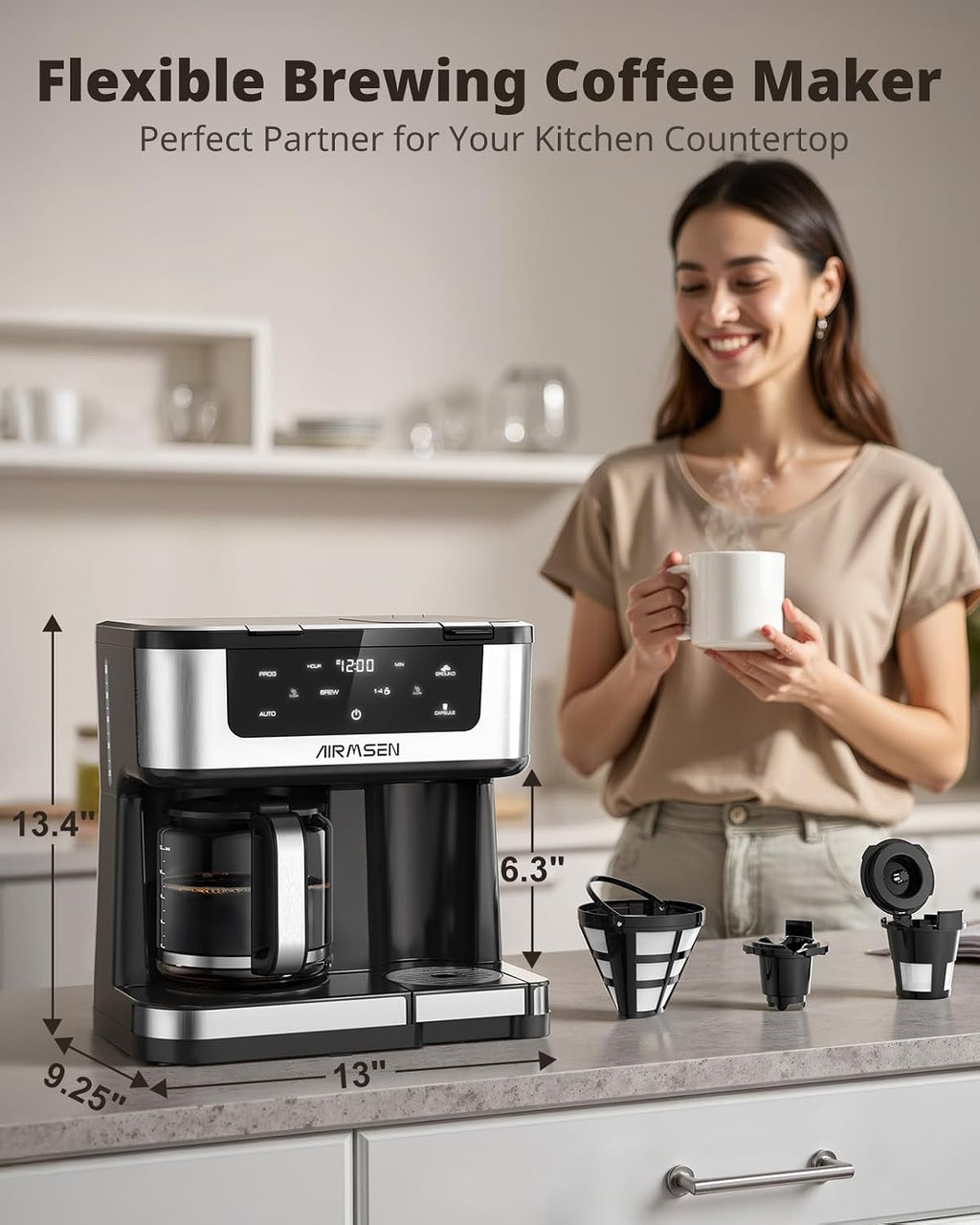 AIRMSEN 12-Cup Programmable Dual Coffee Maker – Single Serve Machine for K-Pods & Ground, 1000W Fast Brew, Delay Start, 2H Keep Warm, Touchscreen, 60oz Tank, Glass Carafe – Home & Office