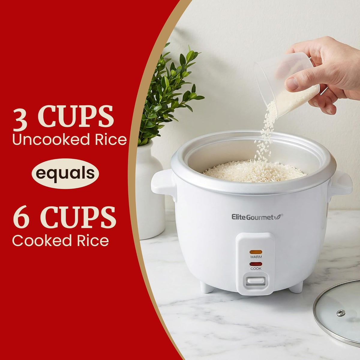 Elite Gourmet ERC-003X Rice Cooker, Keep Warm, White, 6 Cups Cooked | 3 Cups Uncooked - Also Makes Soups, Stews, Grains and Hot Cereals for Versatile One-Pot Meals