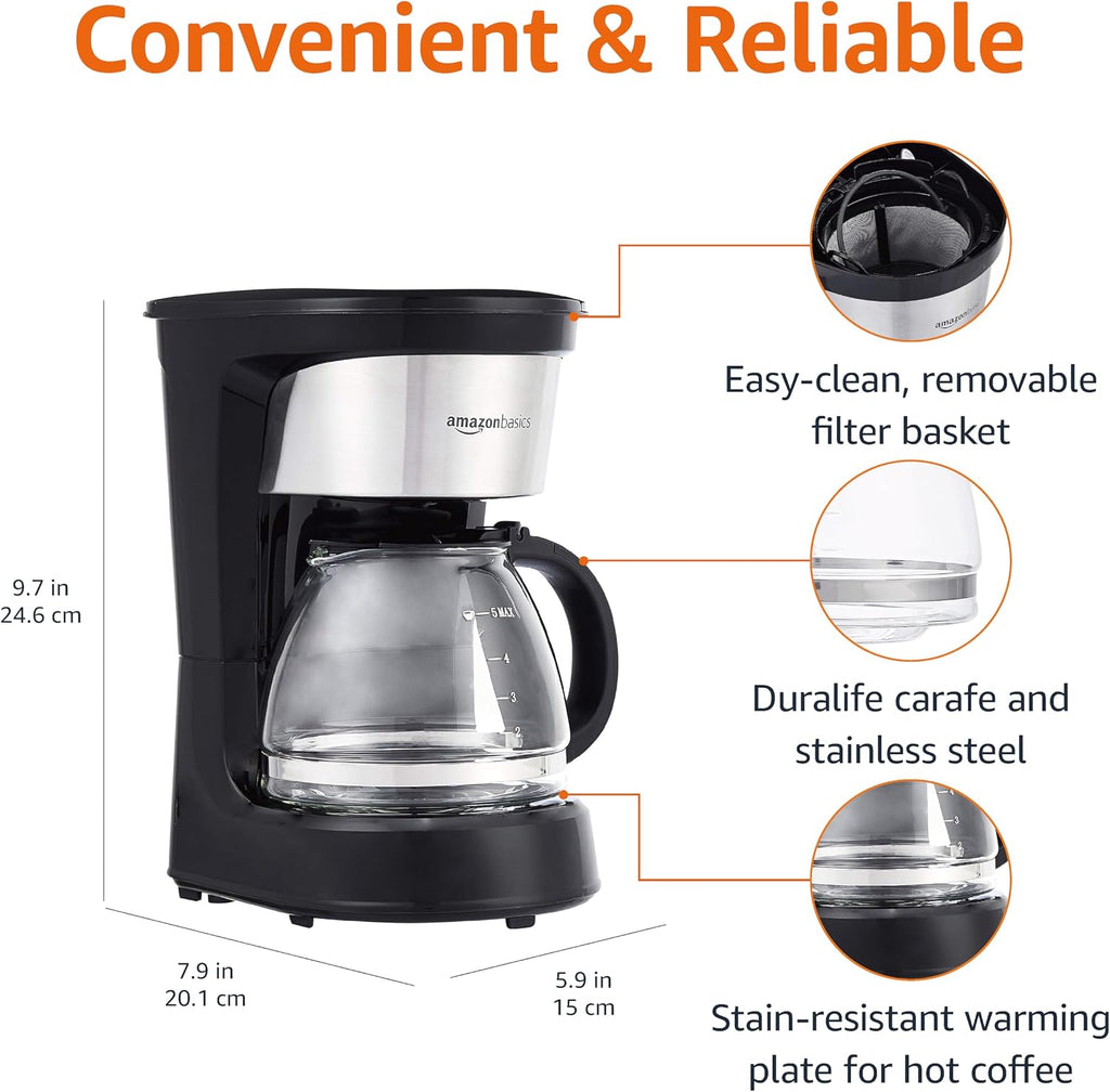 Amazon Basics 5 Cup Drip Coffee Maker with Glass Coffee Pot (0.8 Qt), Auto Shut-off, Auto Pause, Removable Filter Basket, Matte Black
