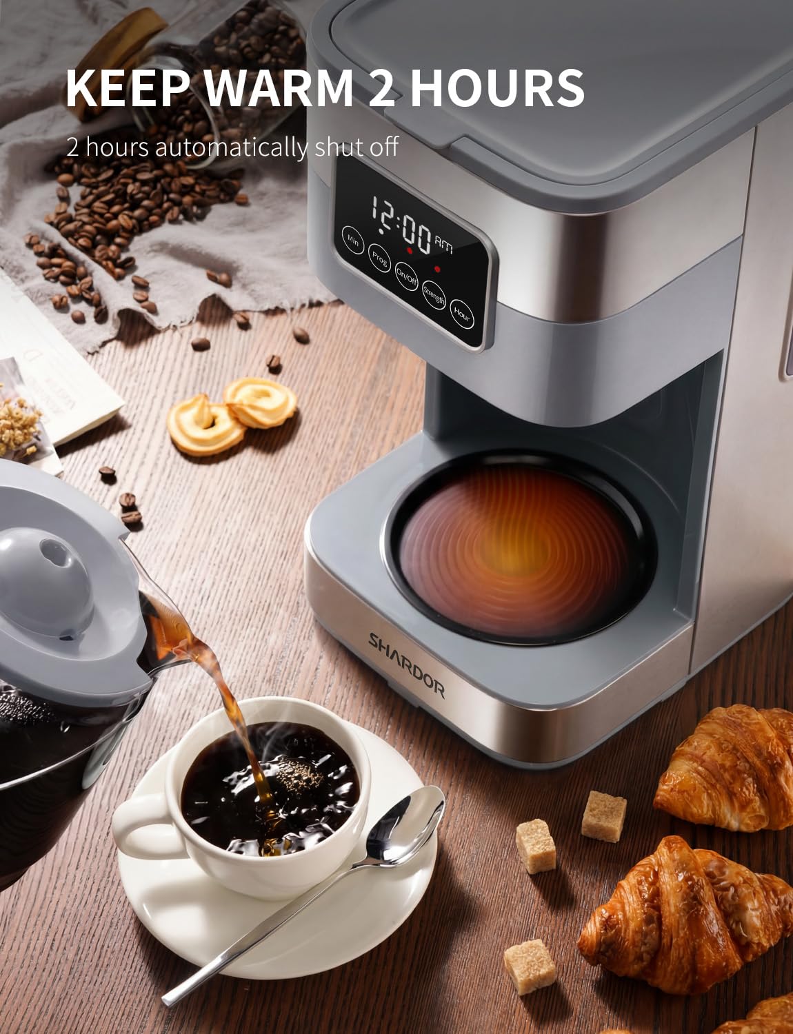 SHARDOR 10-Cup Programmable Coffee Maker, Regular & Strong Brew Drip Coffee Machine for Home and Office, Auto Shut Off, Permanent Filter, Silver