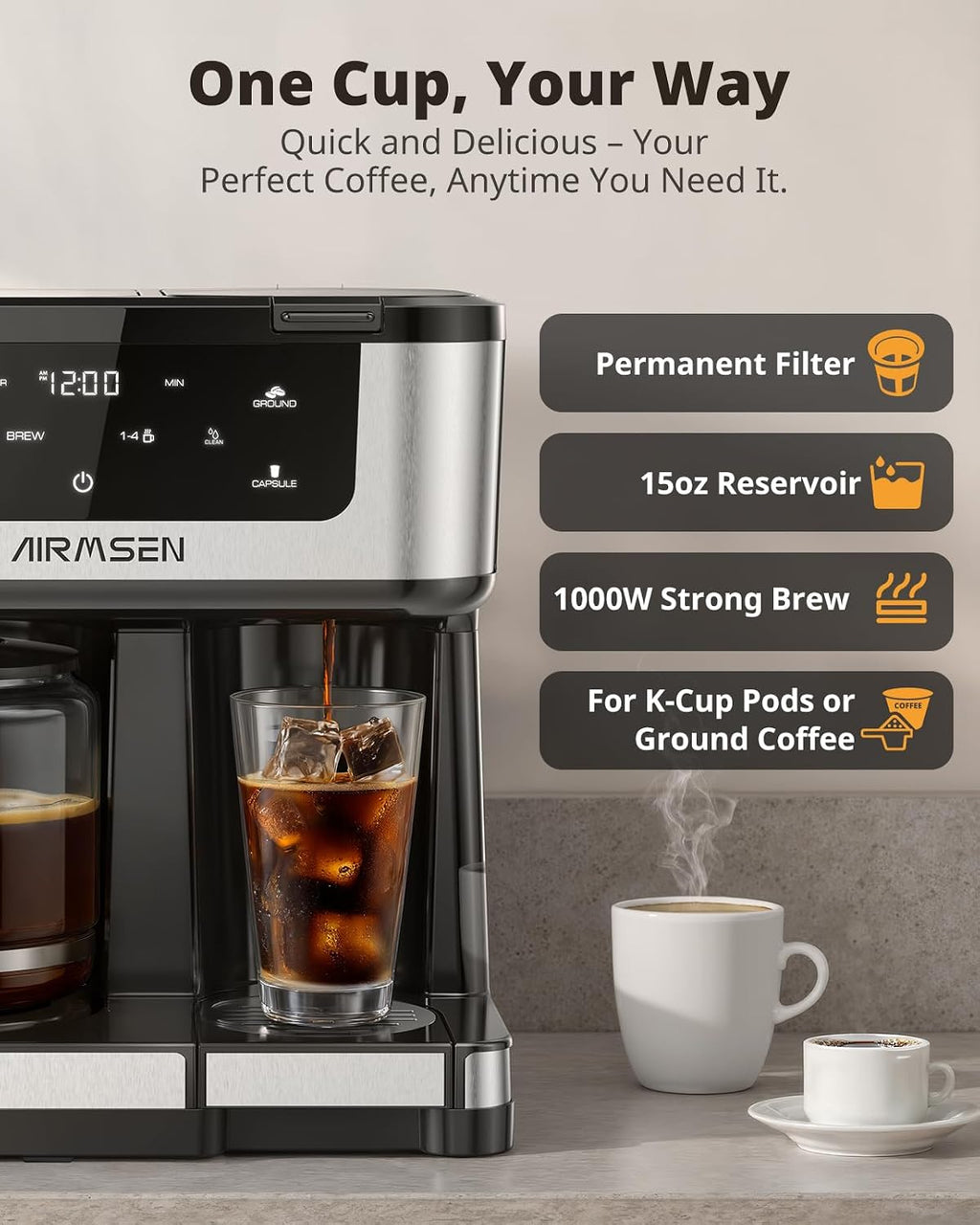 AIRMSEN 12-Cup Programmable Dual Coffee Maker – Single Serve Machine for K-Pods & Ground, 1000W Fast Brew, Delay Start, 2H Keep Warm, Touchscreen, 60oz Tank, Glass Carafe – Home & Office
