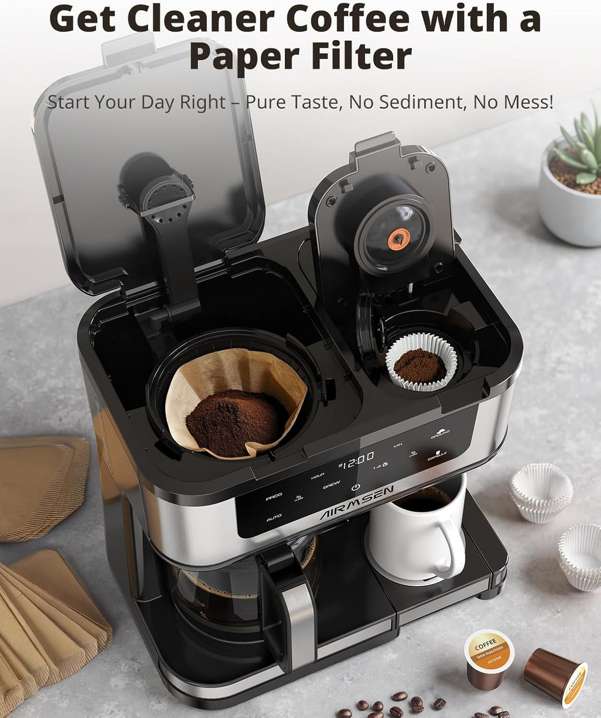 AIRMSEN 12-Cup Programmable Dual Coffee Maker – Single Serve Machine for K-Pods & Ground, 1000W Fast Brew, Delay Start, 2H Keep Warm, Touchscreen, 60oz Tank, Glass Carafe – Home & Office