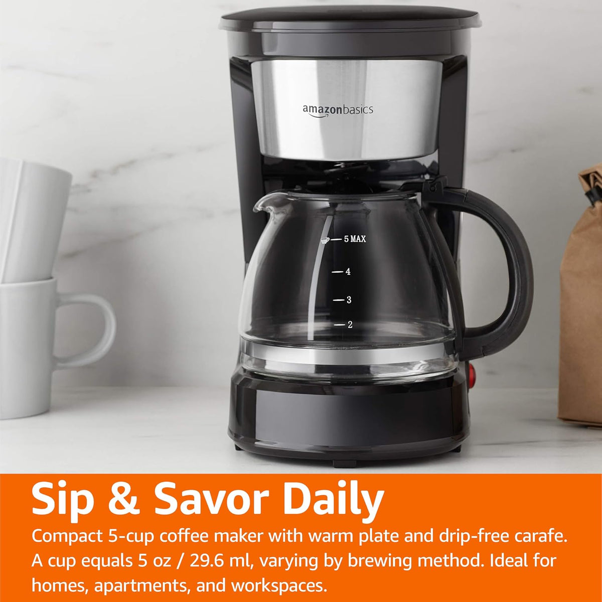 Amazon Basics 5 Cup Drip Coffee Maker with Glass Coffee Pot (0.8 Qt), Auto Shut-off, Auto Pause, Removable Filter Basket, Matte Black