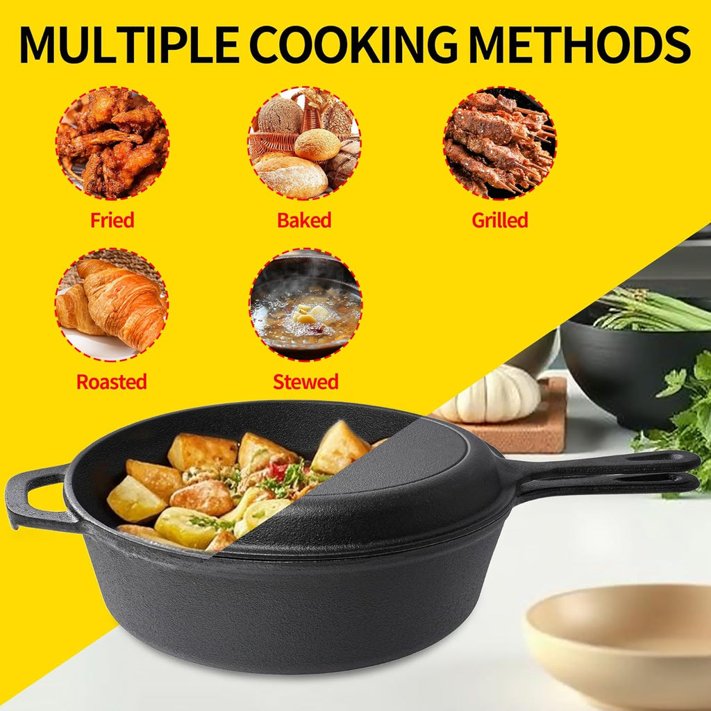 Vivicreate 2 in 1 Cast Iron Dutch Oven Pot with Skillet Lid Pre Seasoned Multi Cooker for Baking Frying Roasting Camping Compatible with All Stoves olla de hierro fundido sartén