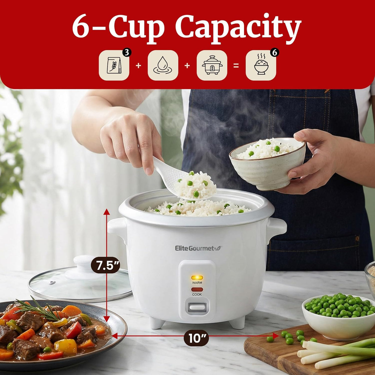 Elite Gourmet ERC-003X Rice Cooker, Keep Warm, White, 6 Cups Cooked | 3 Cups Uncooked - Also Makes Soups, Stews, Grains and Hot Cereals for Versatile One-Pot Meals