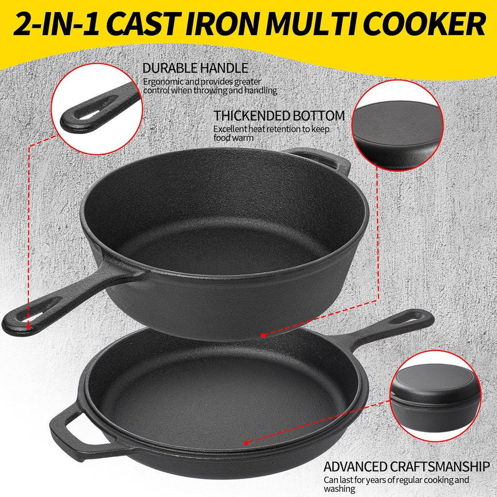 Vivicreate 2 in 1 Cast Iron Dutch Oven Pot with Skillet Lid Pre Seasoned Multi Cooker for Baking Frying Roasting Camping Compatible with All Stoves olla de hierro fundido sartén