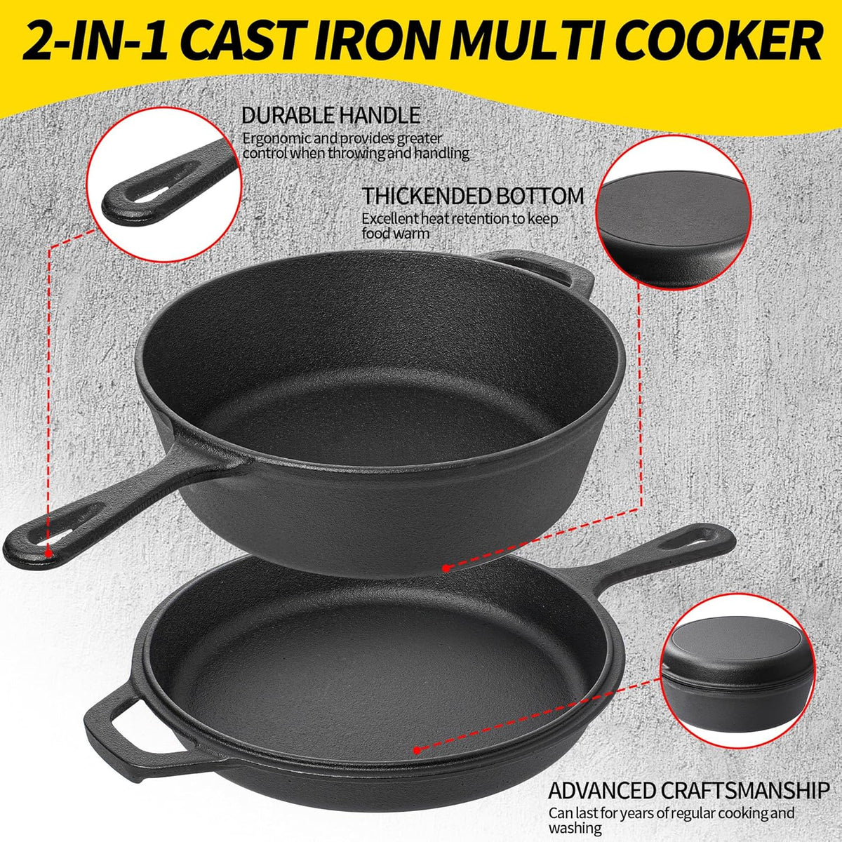 Vivicreate 2 in 1 Cast Iron Dutch Oven Pot with Skillet Lid Pre Seasoned Multi Cooker for Baking Frying Roasting Camping Compatible with All Stoves olla de hierro fundido sartén